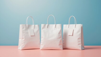 Three white shopping bags sit on a pink surface against a blue background with tags attached to two of the bags
