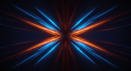 Symmetrical glowing blue  orange rays emanate from the center against a dark background