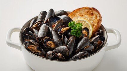 Delicacy of mussels in a white cooking pan with parsley, browned bread, and lemon