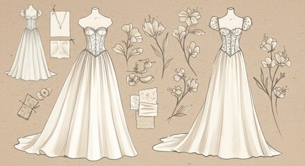 Wedding dress sketches display two gown designs flowers  fabric swatches on a textured tan backdrop