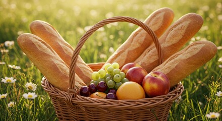 Wicker basket filled with baguettes grapes peaches cherries orange on grassy field with daisies