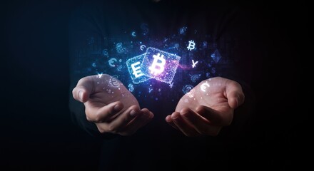 Hands cradle glowing Bitcoin  Euro symbols amidst currency icons set against a dark background