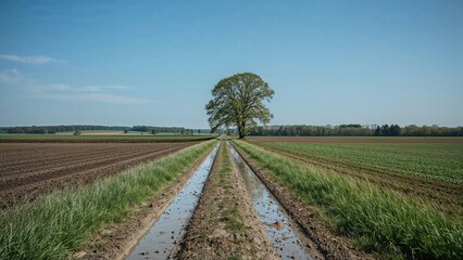 Dirt path winding through farmland with tractor tire marks