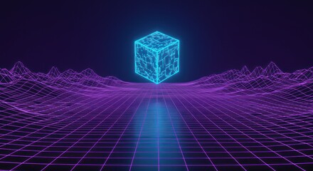 Neon blue cube hovers above purple grid landscape with mountains under dark background