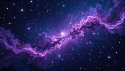 Nebula of swirling purple and grey clouds surrounded by stars in a dark blue space
