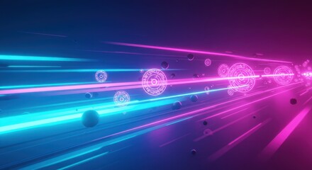 Neon streaks of blue and pink with glowing circles and floating orbs in a dark abstract space