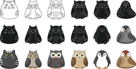 Collection of stylized animal illustrations featuring a cat, various owl designs, a penguin, and a sparrow, presented in line art, silhouette, and colored versions, perfect for creative projects.