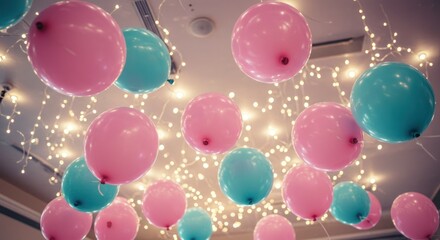 Pink and teal balloons float against a backdrop of small white string lights