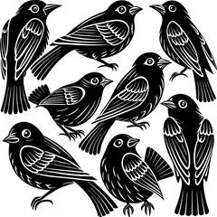 Seven stylized silhouetted birds collection