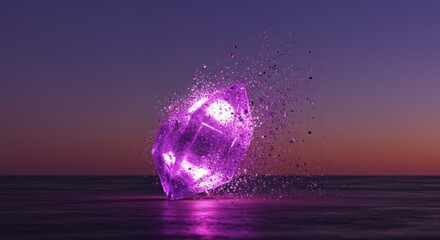 Radiant purple crystal emitting particles resting on water under a twilight sky