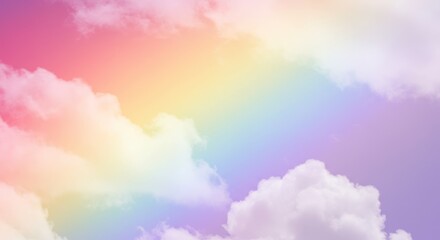 Rainbow colors fill the sky with fluffy clouds transitioning from pink to purple