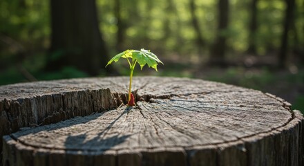 Sprout emerges from tree stump sunlit leaves