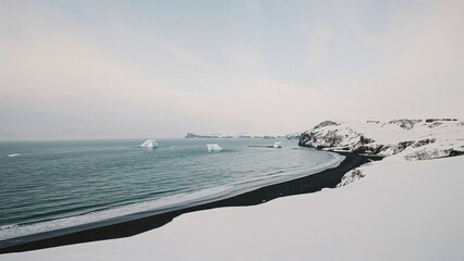 Scenic Arctic coastline covered in snow during winter season.