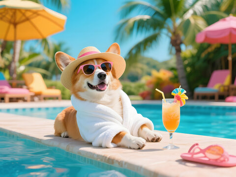 Happy Corgi dog wearing pink sunglasses and straw hat relaxing by tropical pool in white bathrobe with cocktail under bright blue sky