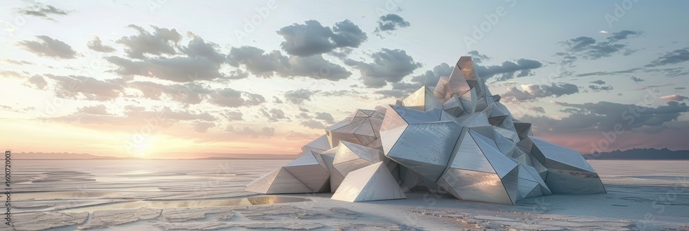 Poster layers of intersecting geometric shapes like a 3d projection on the flat desert floor.