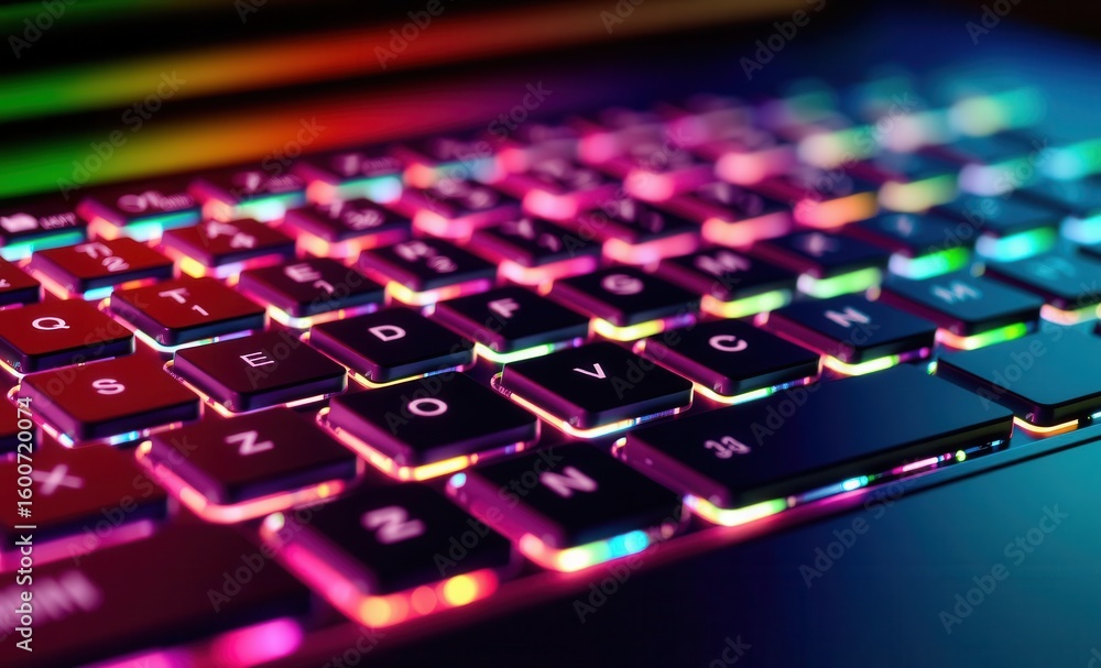Poster the keyboard is illuminated with a rainbow of colors creating a vibrant vibrant rim light technology