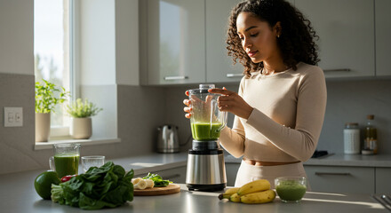 A young woman prepares a green smoothie in her bright kitchen, using a blender with fresh spinach, bananas, and other ingredients on the counter.
