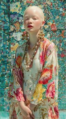 A serene portrait of an individual with albinism wearing an ornate floral kimono, standing against a vibrant mosaic background that echoes the garment's rich, colorful palette.