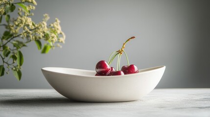 Ripe cherries in white bowl minimalist food photography