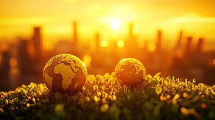 Golden globes on grass at sunset city skyline background