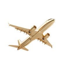 Golden airplane in flight against black background