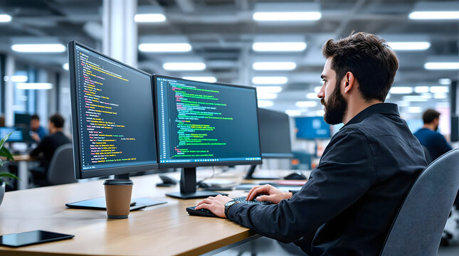 A Developer coding on a monitor, with the screen displaying complex software. Represents technology, programming, and innovation. Perfect for web development, cybersecurity, and IT concepts.	