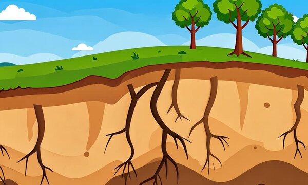 Colorful illustration of earth cross section with roots and grassland