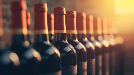 Dark glass wine bottles in golden light row closeup