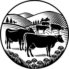 Black silhouette of a herd of cattle on a white background