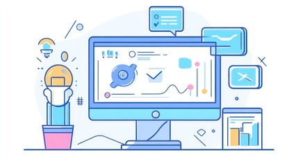 Data analysis workflow charts graphs and computer screen illustration