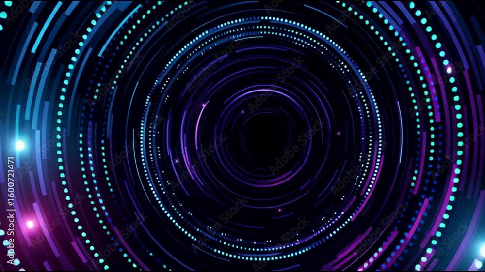 Poster luminous concentric circles expanding, rotating with glowing particles against deep black backdrop, 