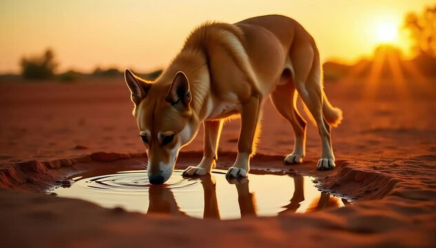 Australian dingo drinking from a rain puddle