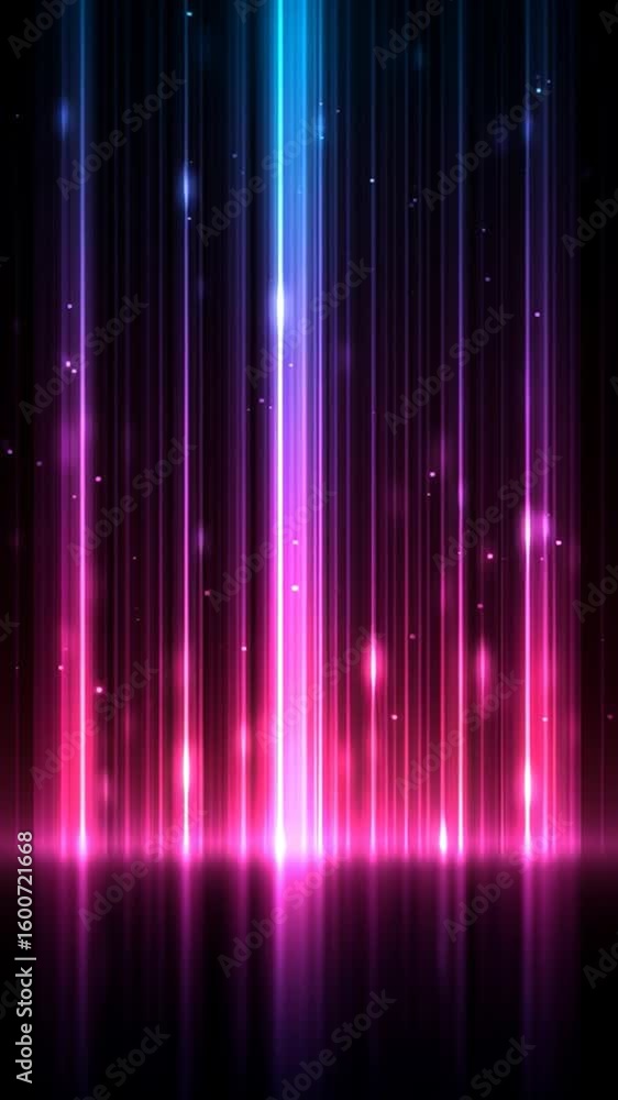 Poster luminous pink and purple light streaks reflecting on glossy dark surface, blending with drifting par