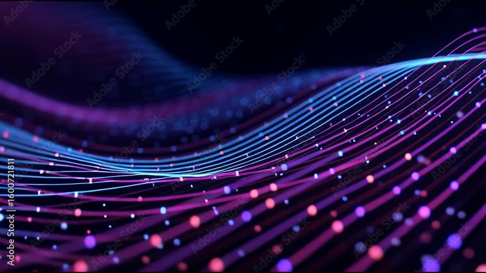 Poster glowing particles form a wavy pattern, creating a mesmerizing abstract animation with a seamless loo