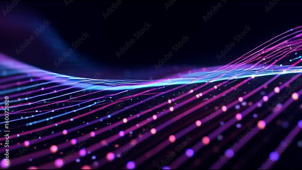 Poster colorful particles flow and create abstract waves on a black background, representing digital data, 