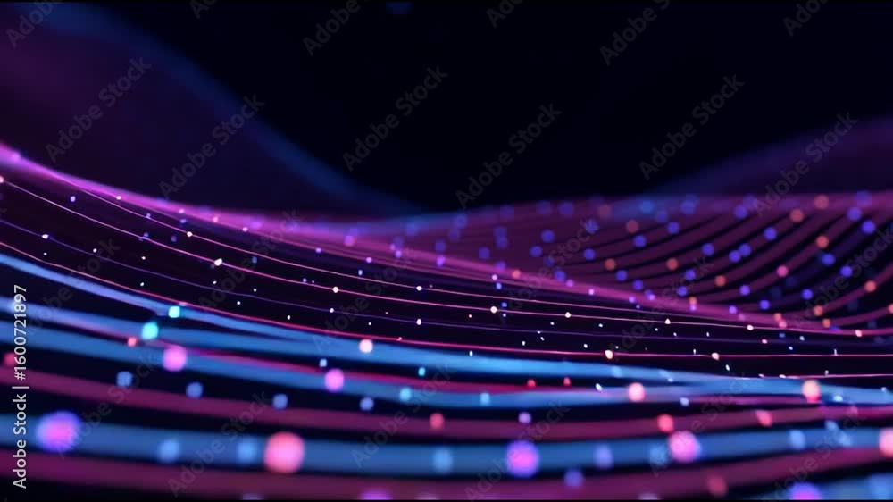 Poster glowing digital particles streaming through dark landscape, generating dynamic abstract visualizatio
