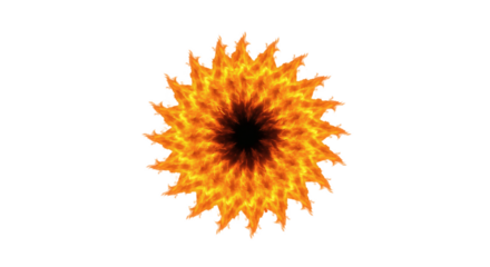 Fiery, symmetrical, circular design against a black background.