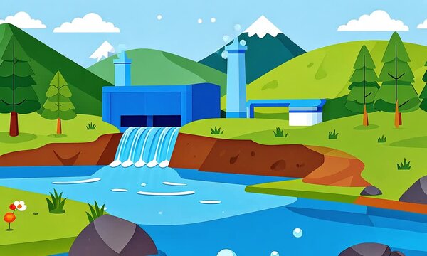 Colorful landscape hydroelectric dam illustration