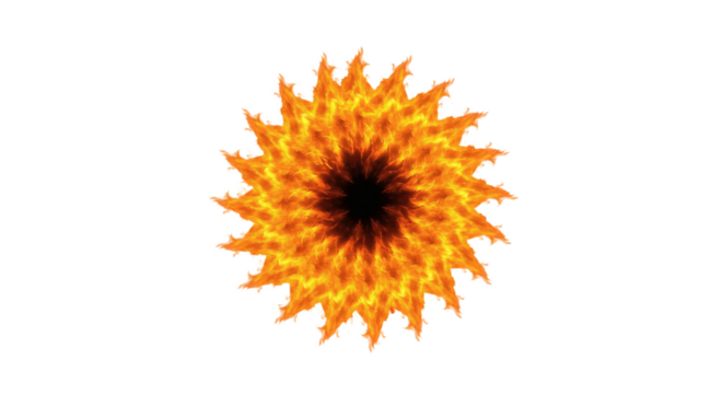 Fiery, symmetrical, circular design against a black background.