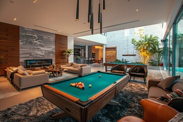 Luxury living room with pool table and modern design. Interior architecture and decor
