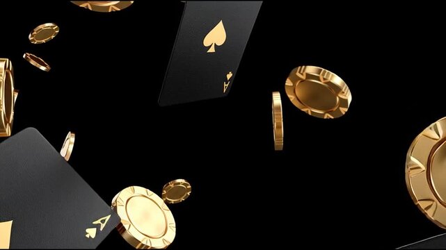 Gambling elements falling gracefully, ace of spades and gold poker chips cascading against dark backdrop, representing luxury casino gaming experience - Powered by Adobe