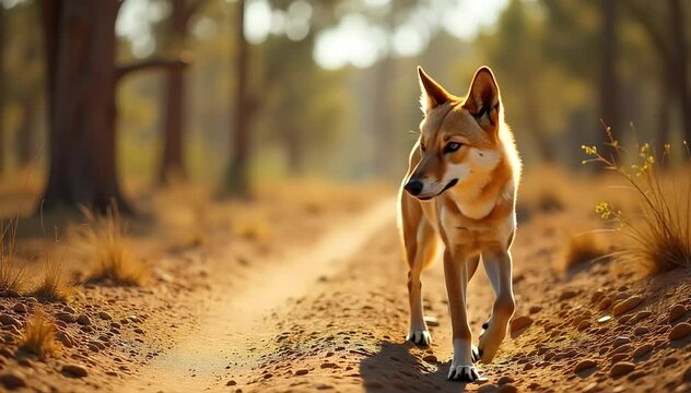 Australian dingo walking through dry bushland
