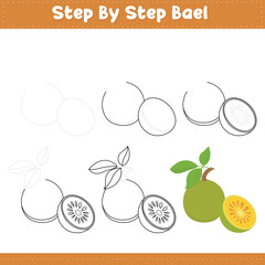 Step By Step Drawing Lime For Kids. Bael Food Drawing Tutorial On How To Draw. Vector illustration