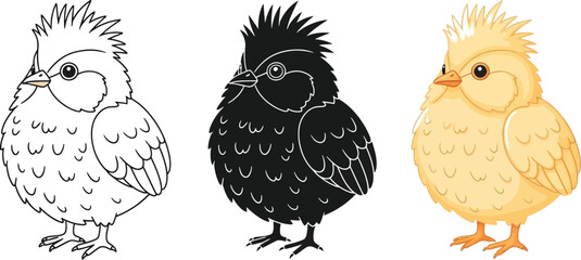 Obraz premium Three adorable cartoon chick illustrations showcase a cute bird in line art, silhouette, and full color, perfect for children's books, educational materials, and springtime designs.