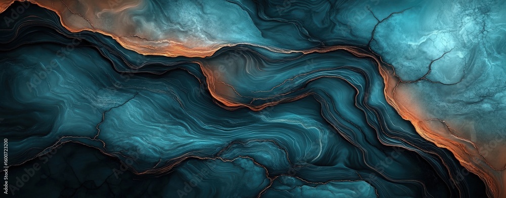 Poster abstract blue and orange marbled pattern with fluid, wavy lines and textured layers creating a visua