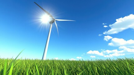 Wind turbine in green field under sunny sky clean energy concept