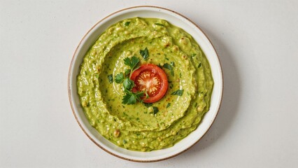 Fresh guacamole dip served in a round bowl garnished with tomato slice and parsley leaves on a light background