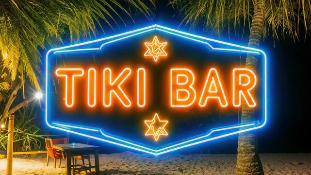 Vibrant green neon tiki bar sign glowing on a tropical beach at night.