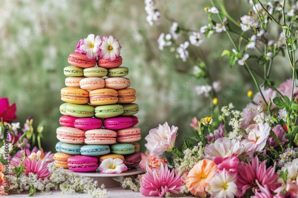 Poster a colorful tower of macarons showcases an array of pastel hues on a dessert table adorned with fresh