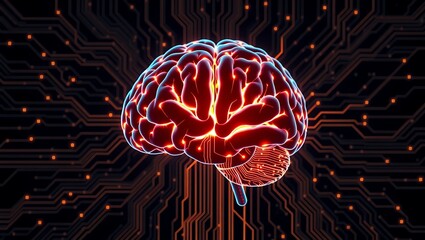 Glowing red brain illustration with circuit board background and neural connections visible art
